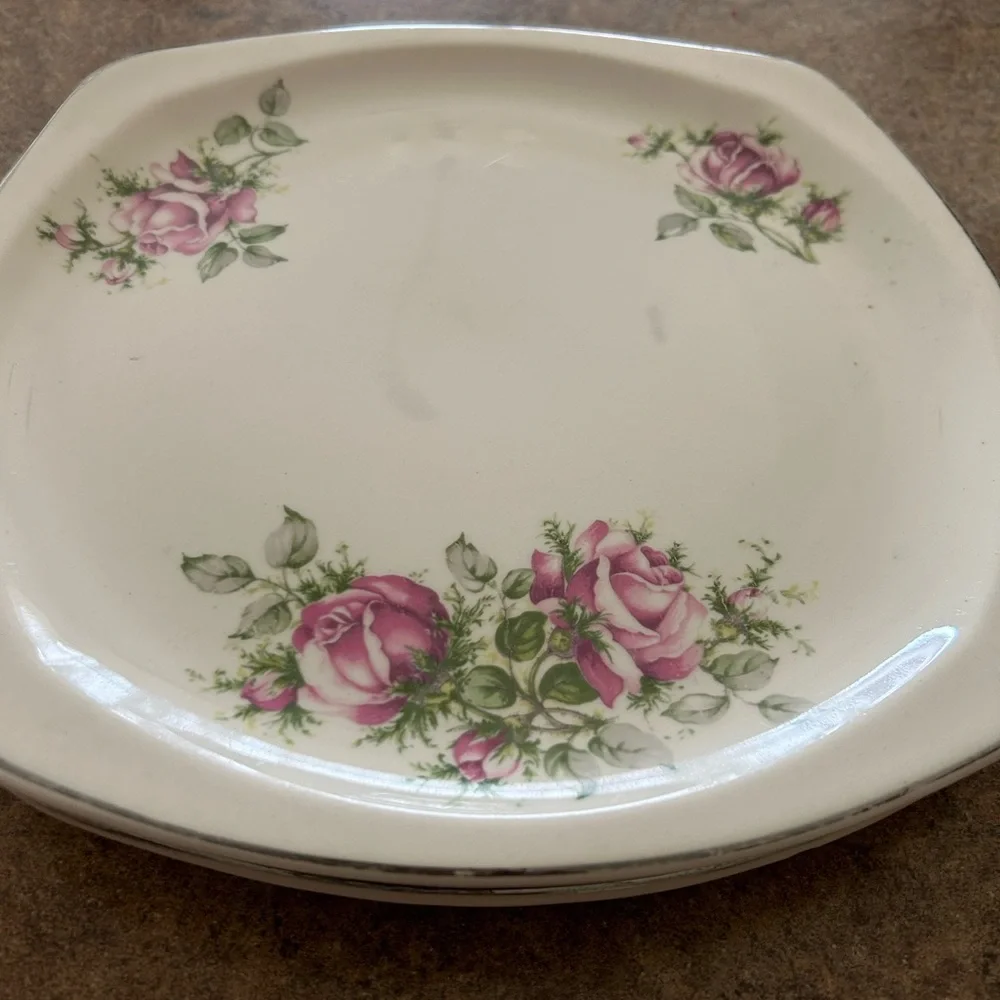 PADEN CITY Pottery Square Salad Plates Mid Century Rose Floral Gold Trim set 3